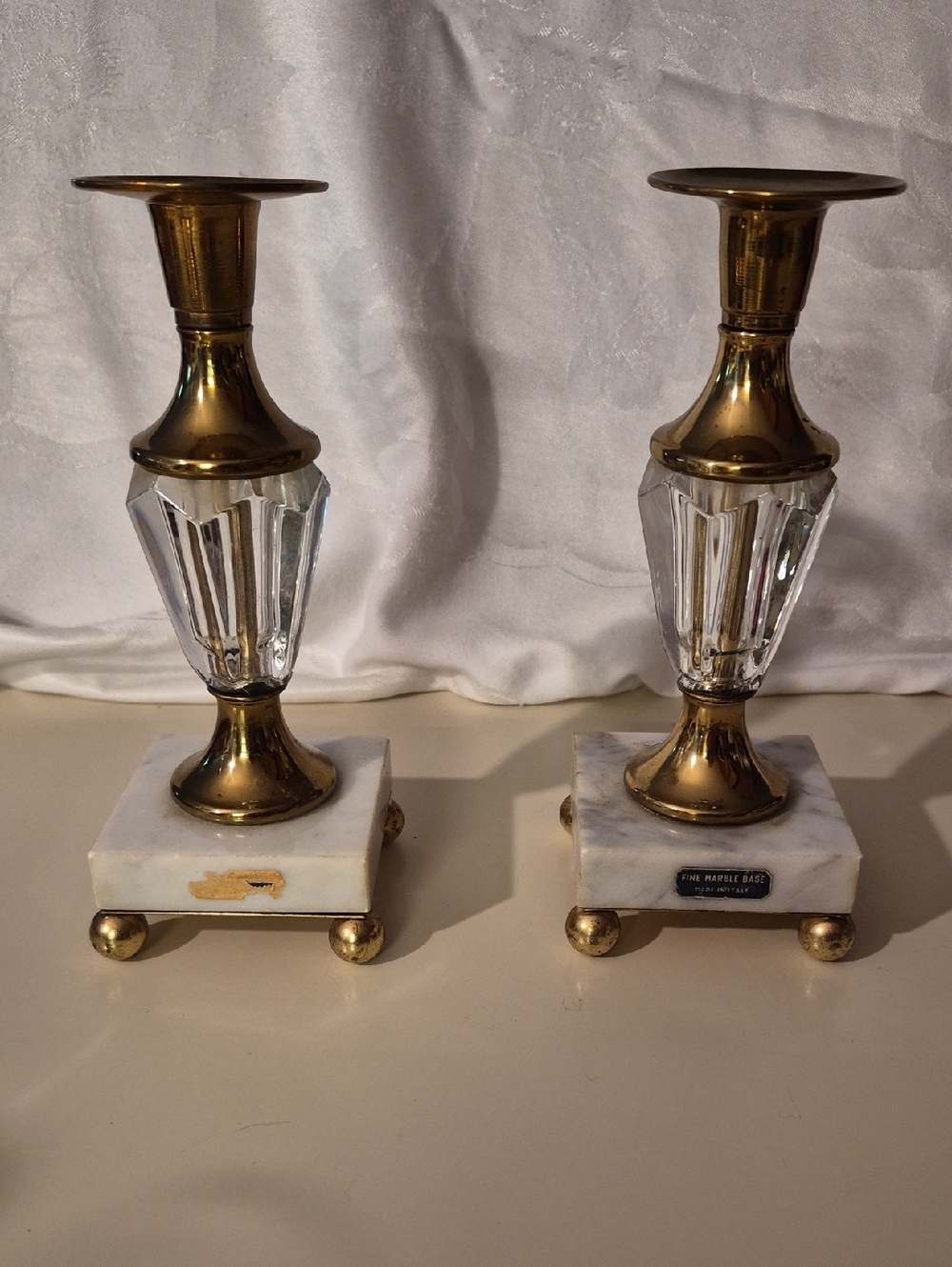 Vintage Brass and Crystal Candlestick Pair with Italian  Marble Bases